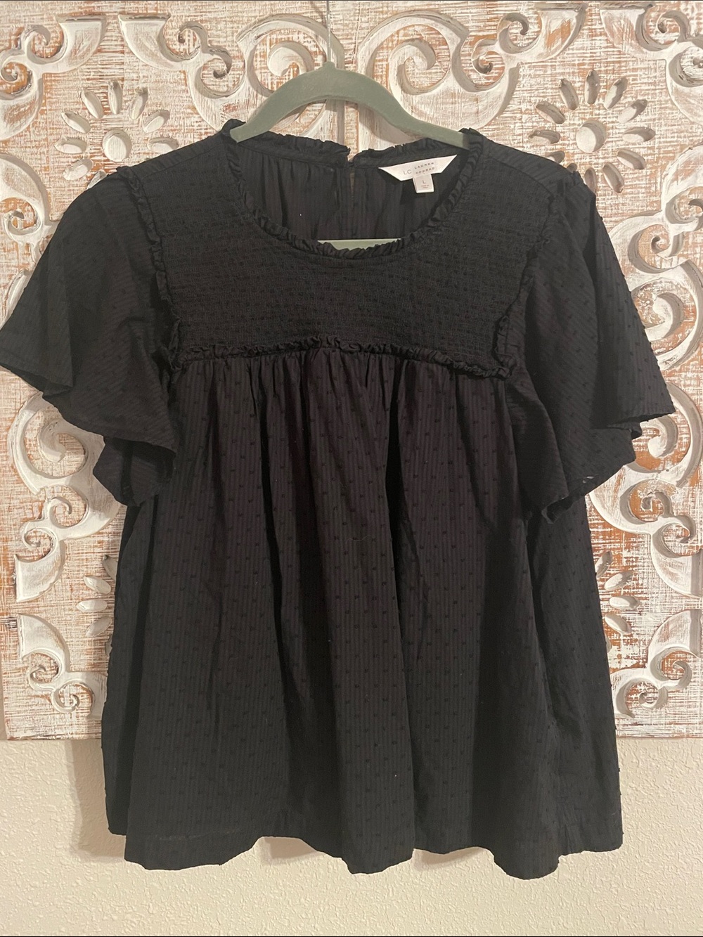 LC Lauren Conrad Black Smocked Yoke Flutter Sleeve Top